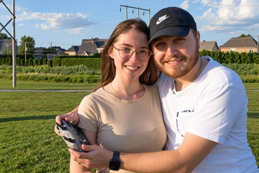 Charles et sa femme Melody dehors, avec la manette du drone dans les mains de Charles.