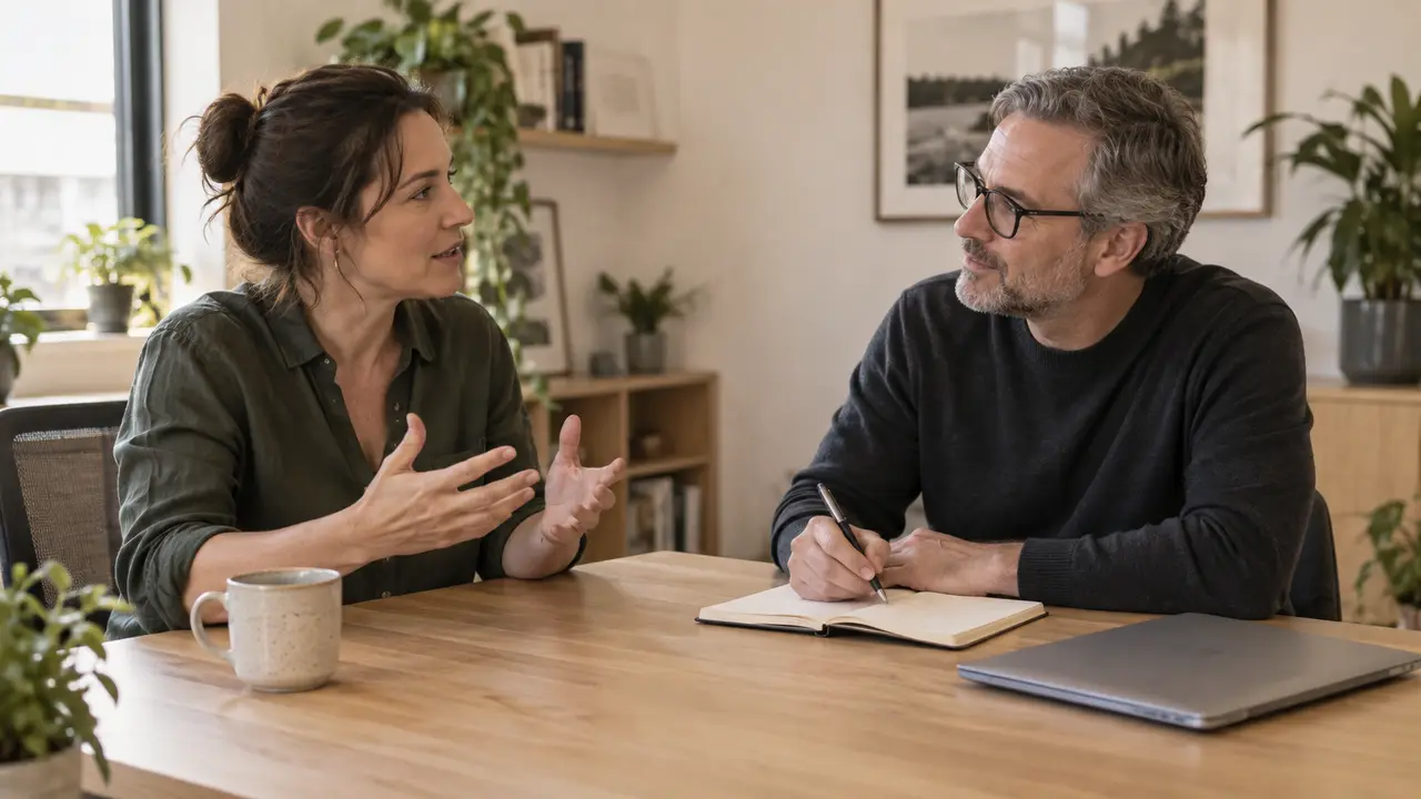 Une professionnelle explique son besoin à un conseiller qui l’écoute et prend des notes.
