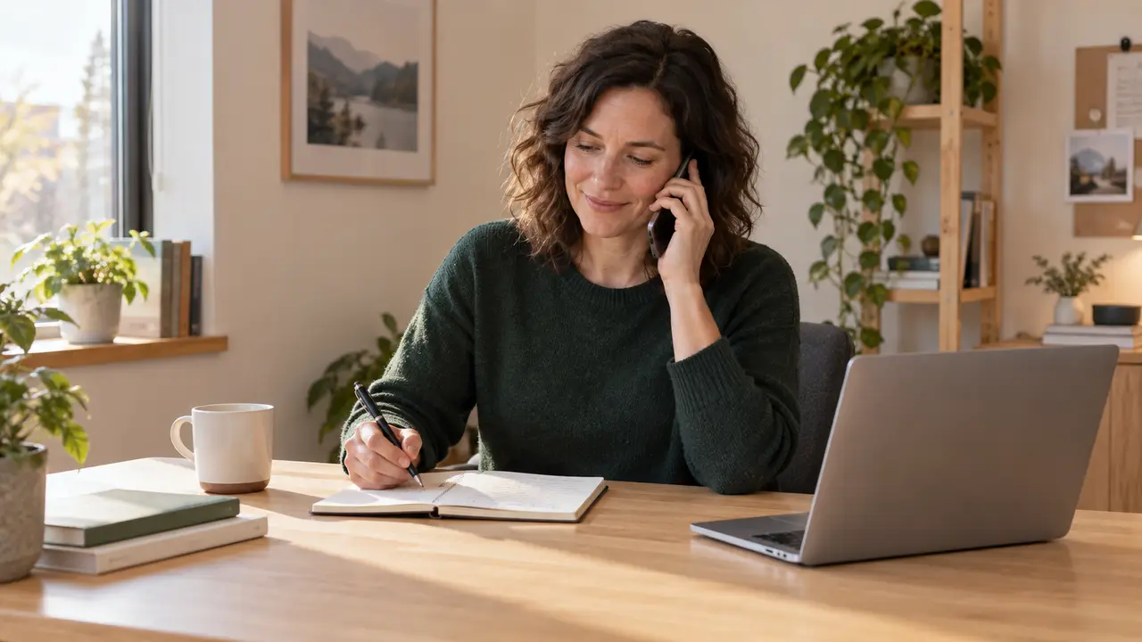 Une professionnelle échange au téléphone et prend des notes pendant un suivi à distance.