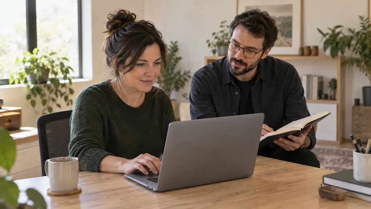Une professionnelle utilise un ordinateur portable avec un conseiller assis à ses côtés.