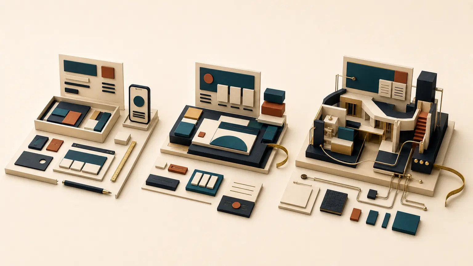 Trois maquettes comparent une plateforme à faire soi-même, une fondation modulaire et une architecture sur mesure.