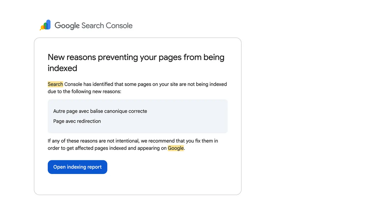 Courriel Search Console signalant les motifs « Autre page avec balise canonique correcte » et « Page avec redirection ».