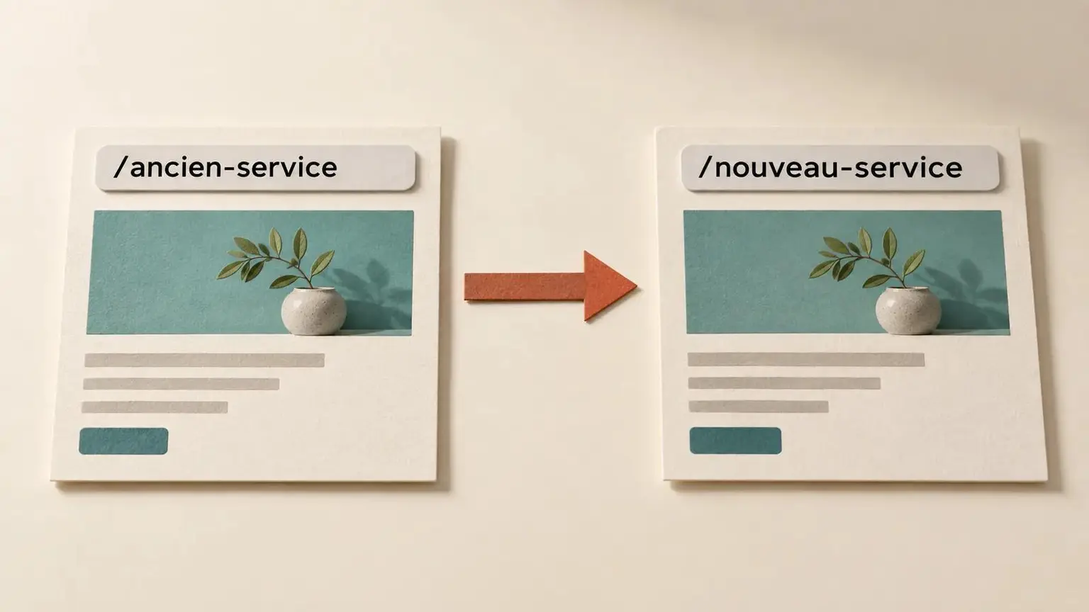 Deux cartes représentant des adresses de pages sont reliées par une flèche, de l’ancienne adresse à la nouvelle.
