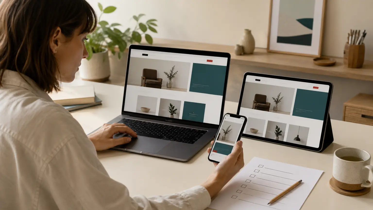 Une professionnelle vérifie le même site web sur un ordinateur, une tablette et un téléphone avant la mise en ligne.