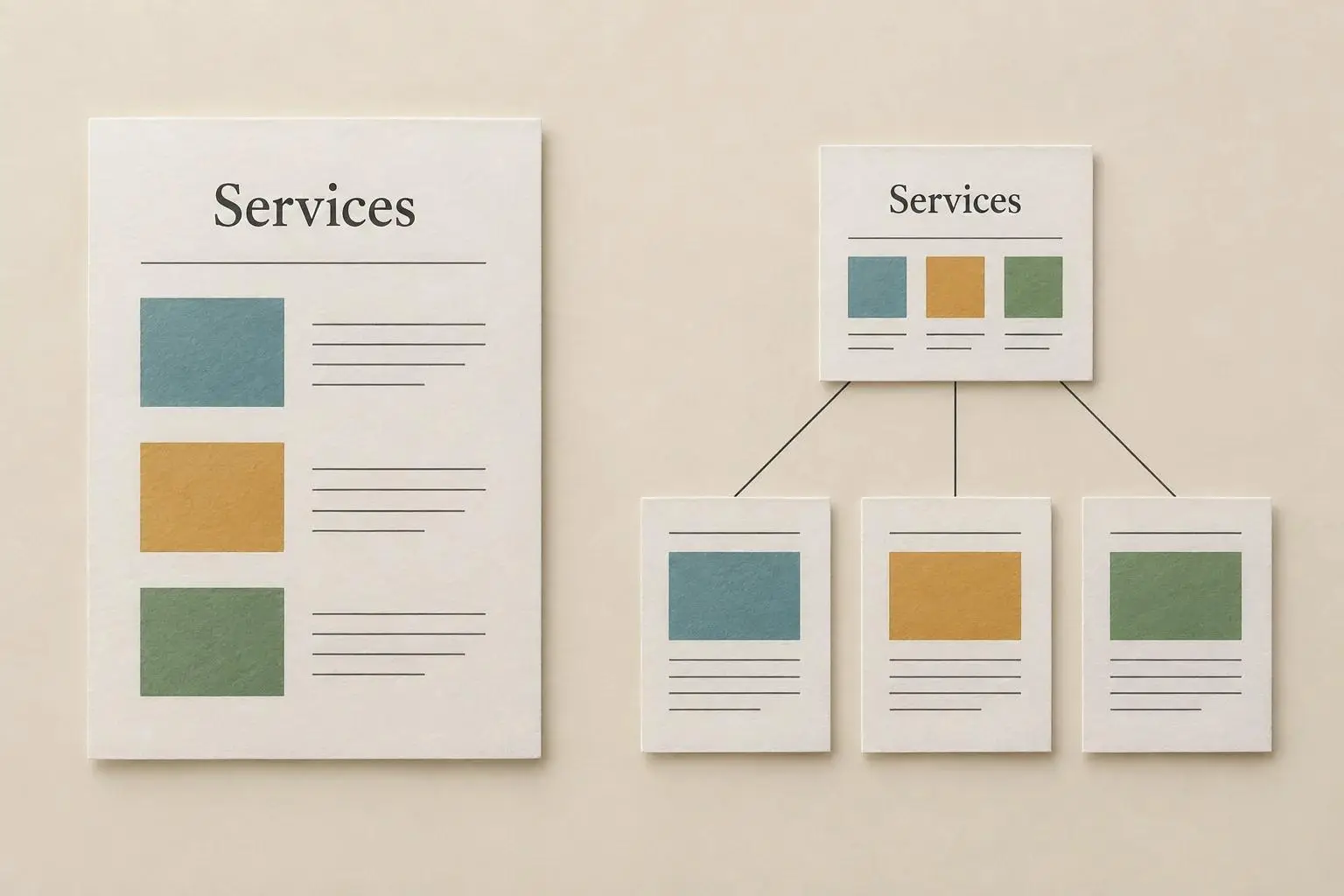 Une page Services seule est comparée à une page Services reliée à trois pages détaillées.