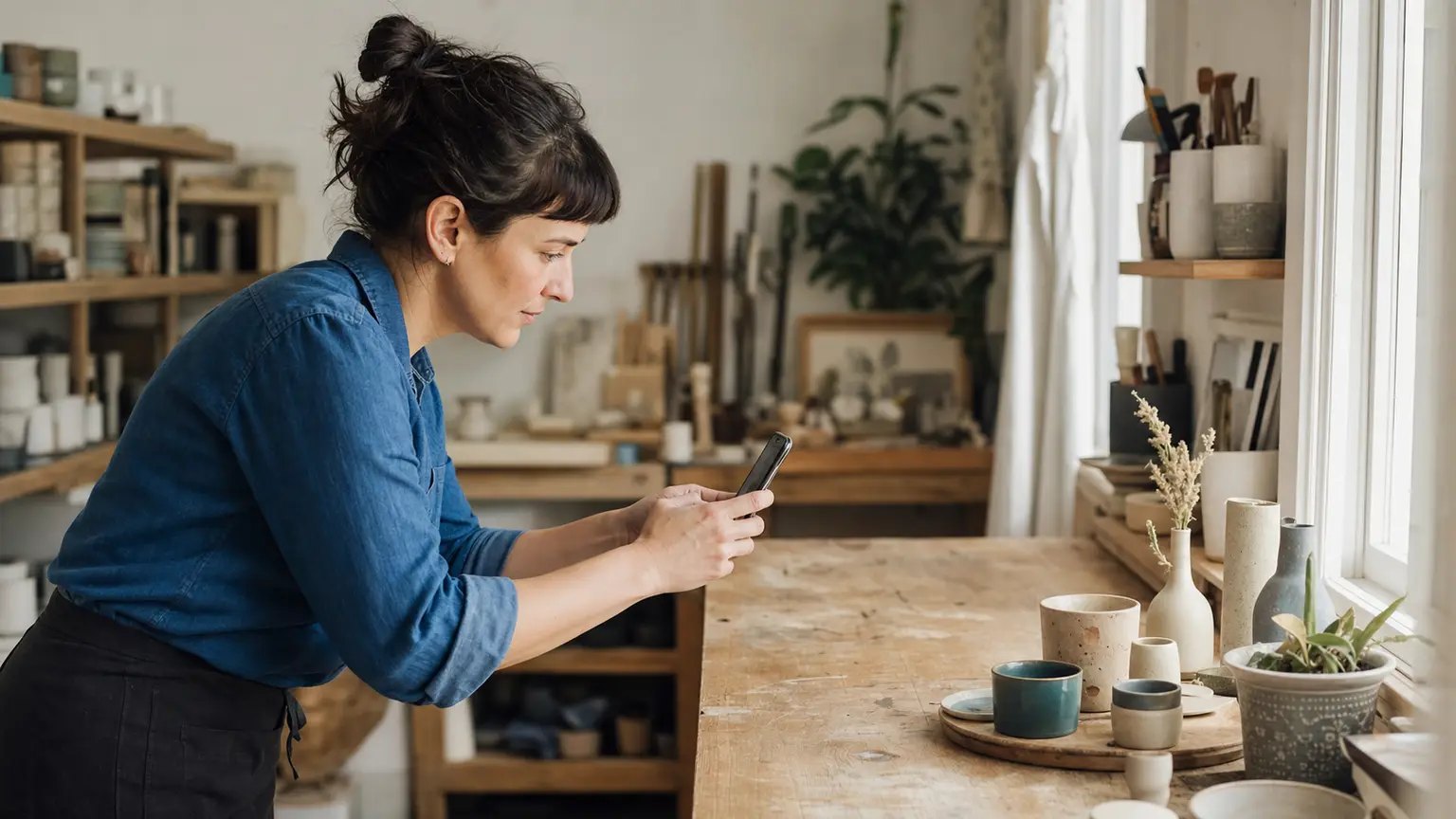 Une artisane consulte son téléphone dans son atelier éclairé par la lumière naturelle.
