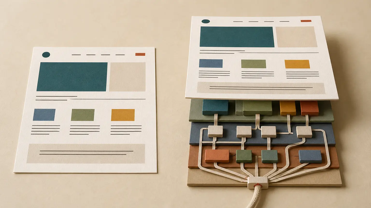 Deux maquettes de page semblables, dont une repose sur plusieurs couches et connexions techniques.