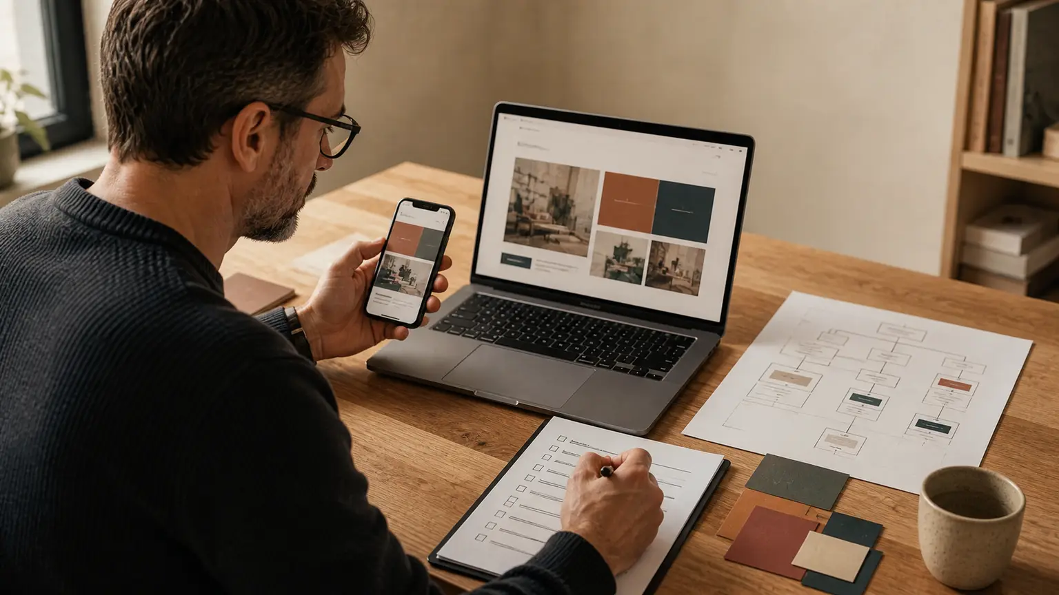 Une personne organise l’architecture d’un site et valide les modules produits avec l’aide de l’IA.