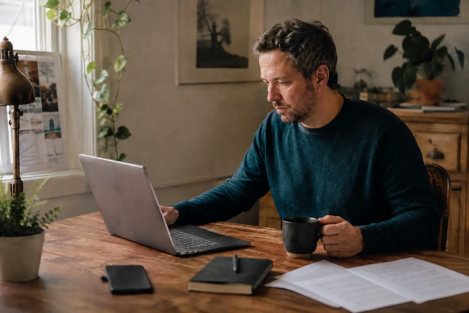 Un entrepreneur consulte son briefing matinal sur un ordinateur dans un bureau éclairé par la lumière du matin.