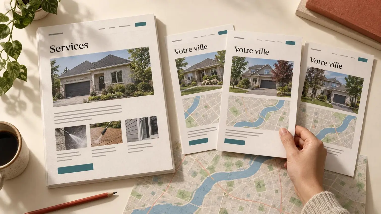 Des pages web en papier présentent un service et sa déclinaison locale, accompagnées d’une carte du territoire.