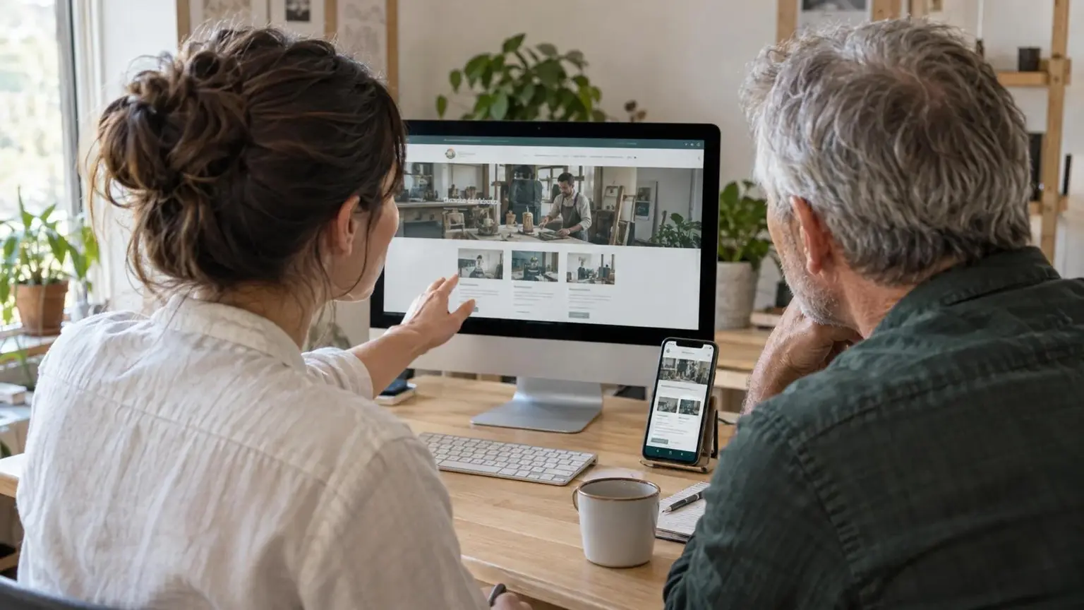 Une professionnelle explique une page web à un client en comparant son affichage sur un ordinateur et un téléphone.