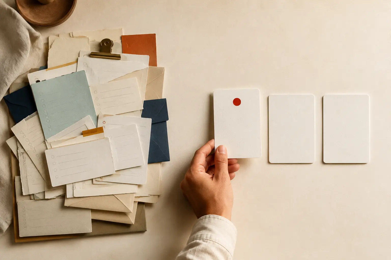 Une main choisit la première carte de priorité parmi une pile de notes et trois cartes ordonnées.