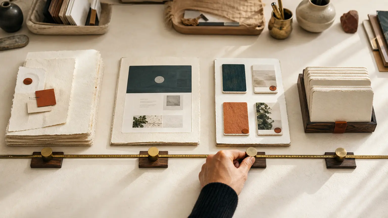 Plusieurs maquettes de pages sont alignées le long d’une règle de mesure sur une table de travail.