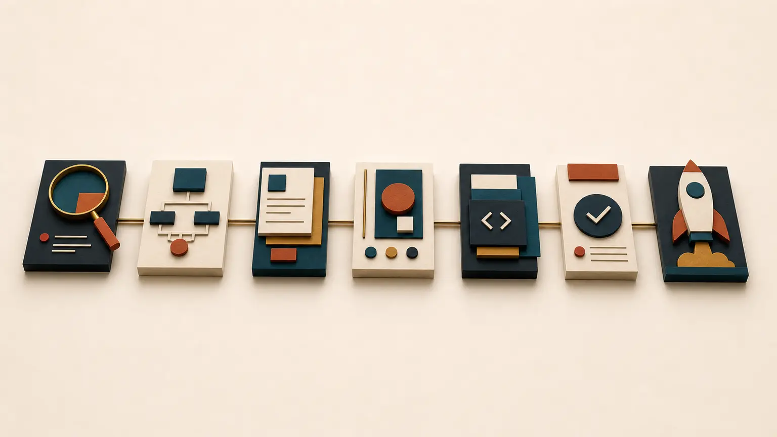 Sept modules miniatures illustrent les étapes d’un mandat web, du diagnostic au lancement.