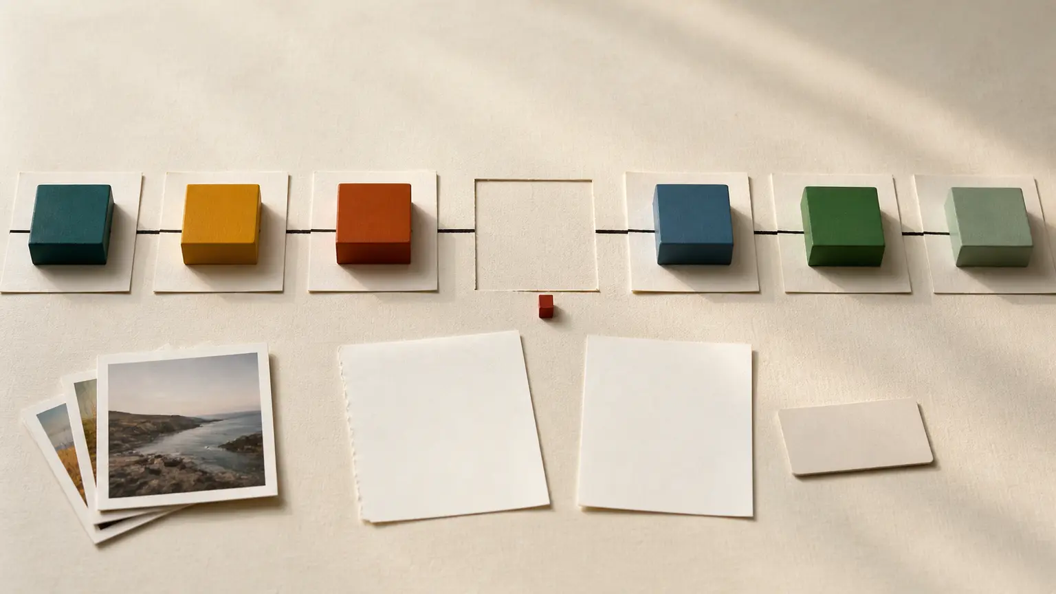 Un échéancier en modules interrompu par une case vide, avec des photos et des feuilles de contenu en attente.