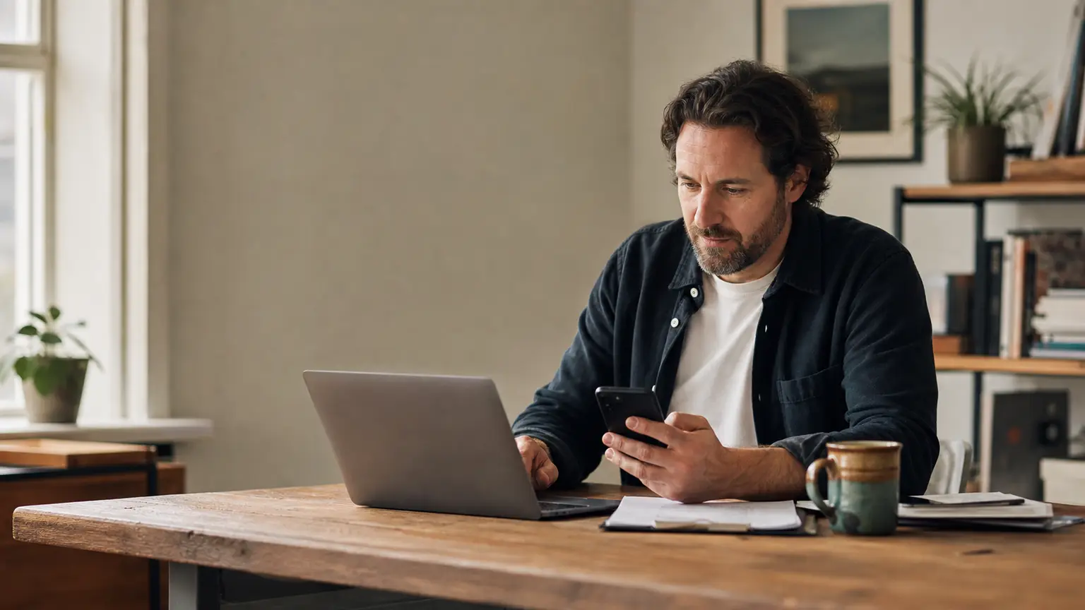 Un dirigeant consulte son téléphone devant son portable et son carnet dans un bureau calme.