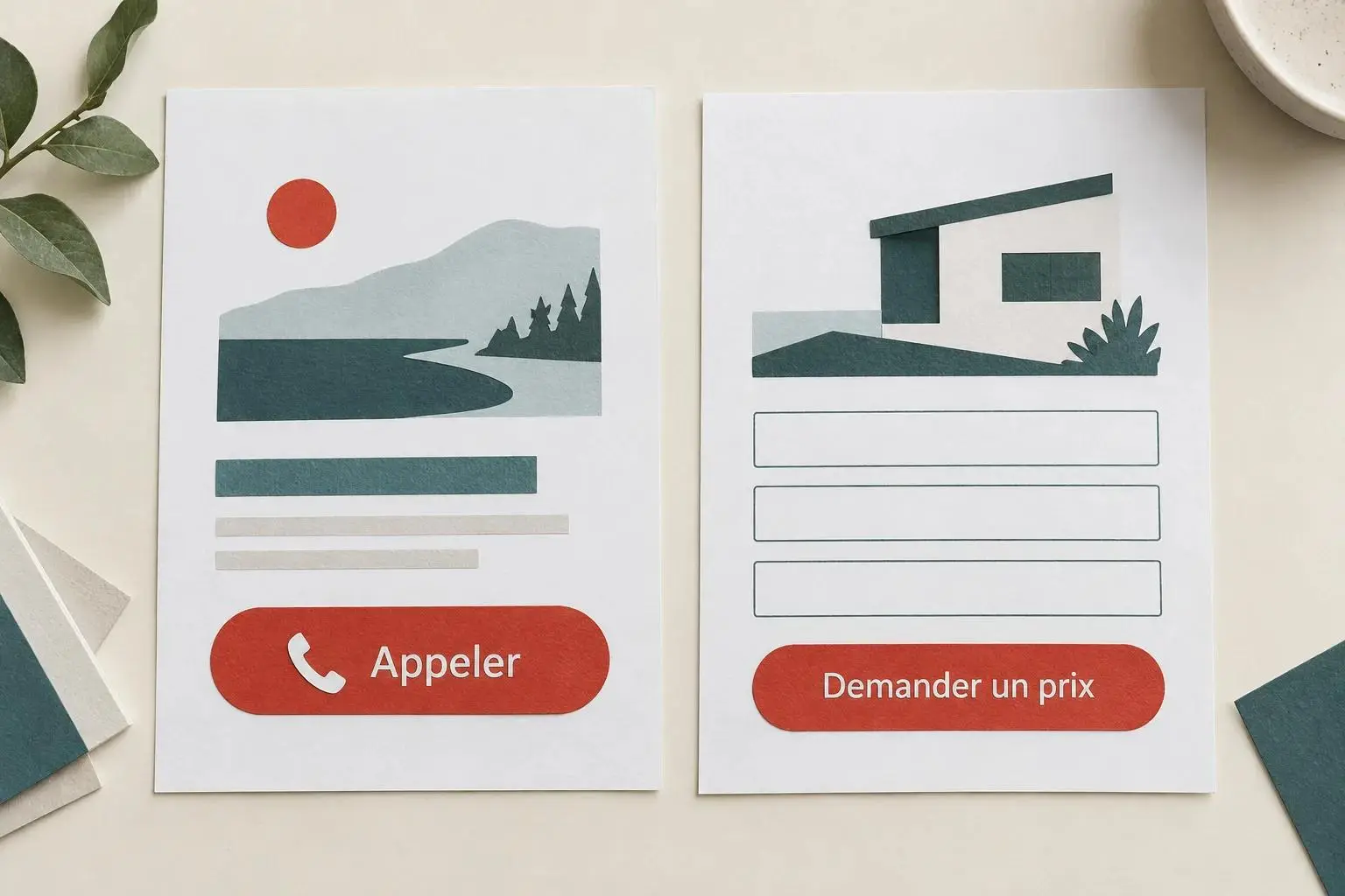 Deux maquettes papier mettent en évidence les actions Appeler et Demander un prix.