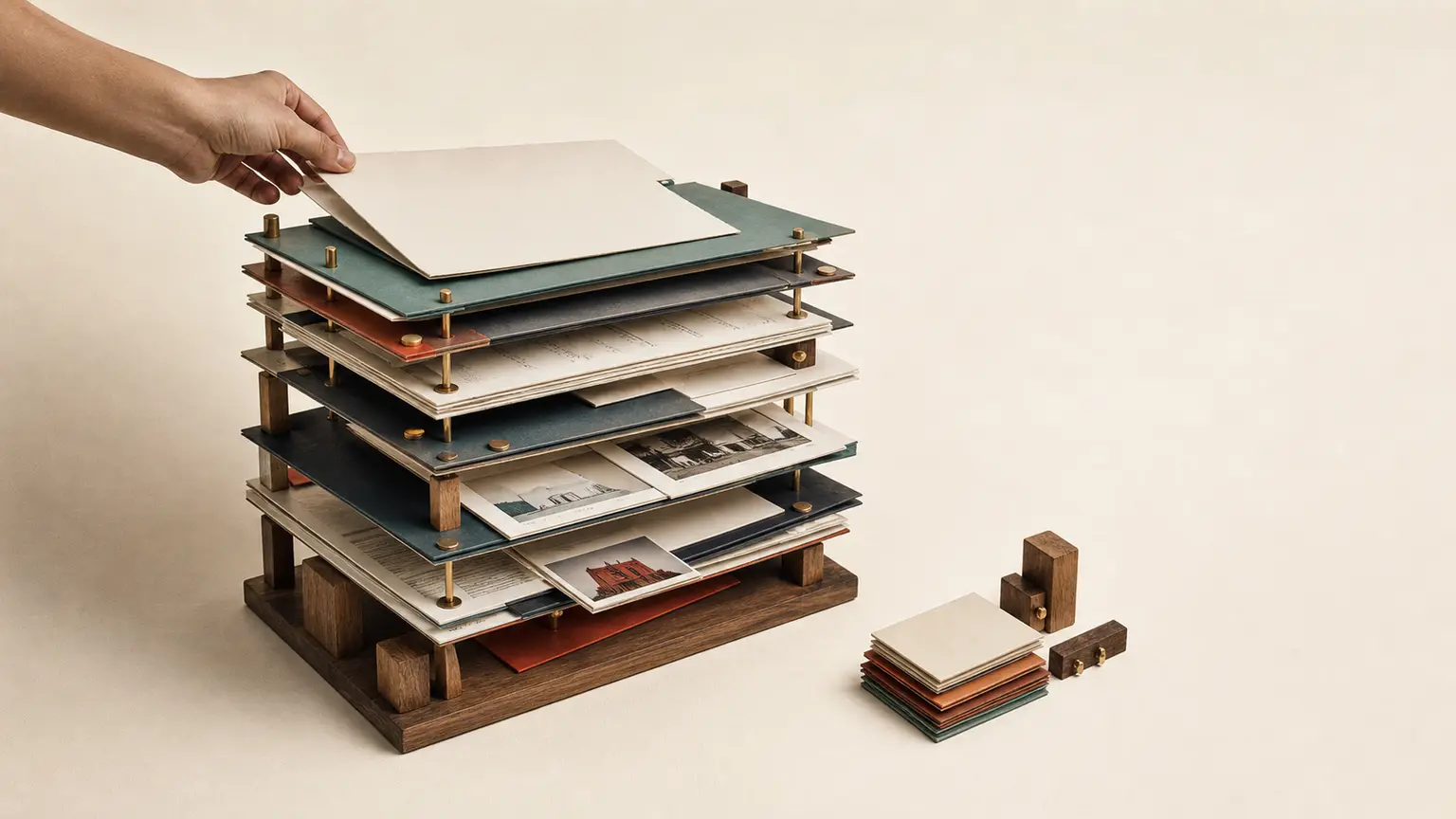 Une main ajoute une nouvelle couche à une maquette éditoriale construite sur plusieurs niveaux.