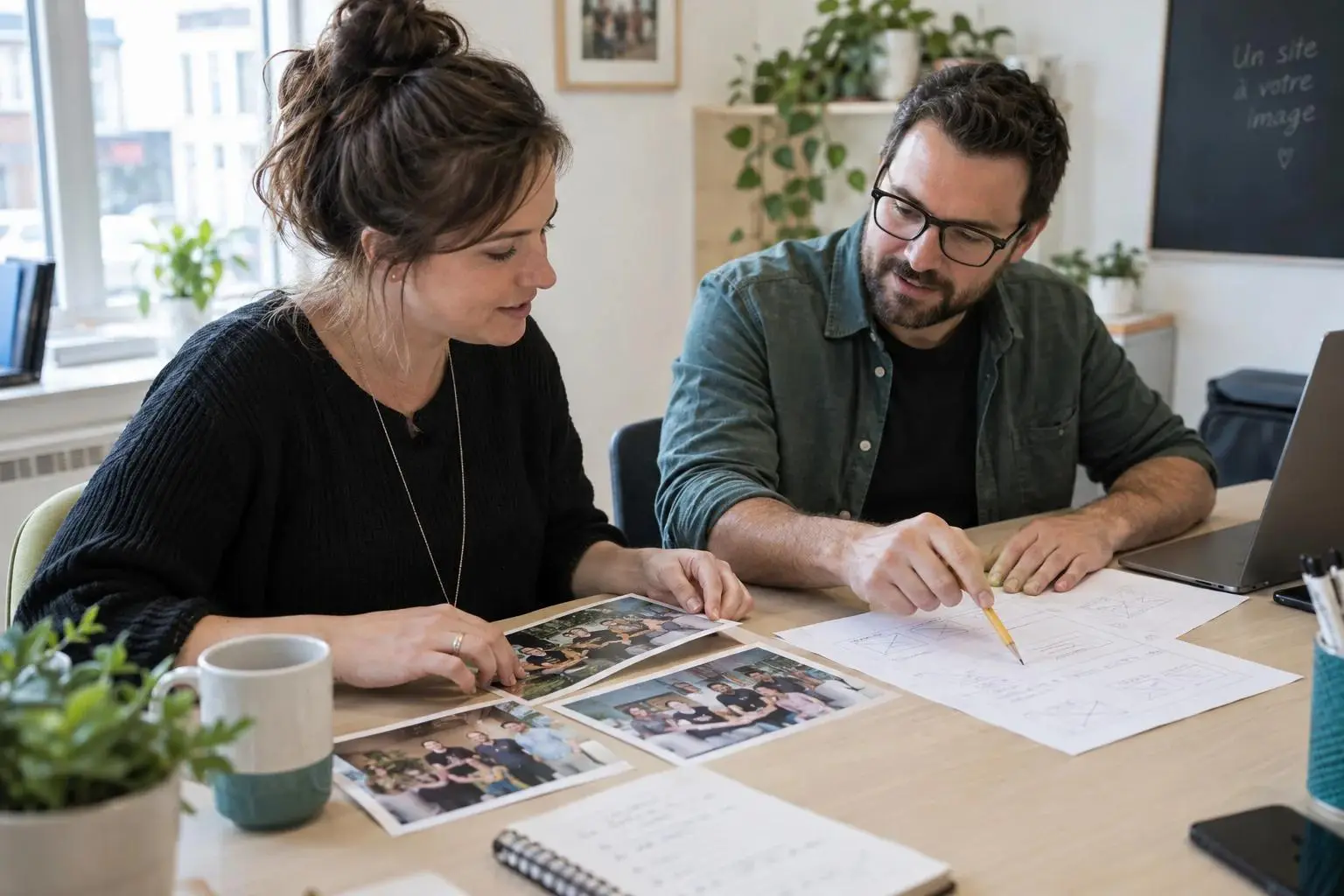 Deux personnes relisent des textes et choisissent des photos lors d’une séance de travail.