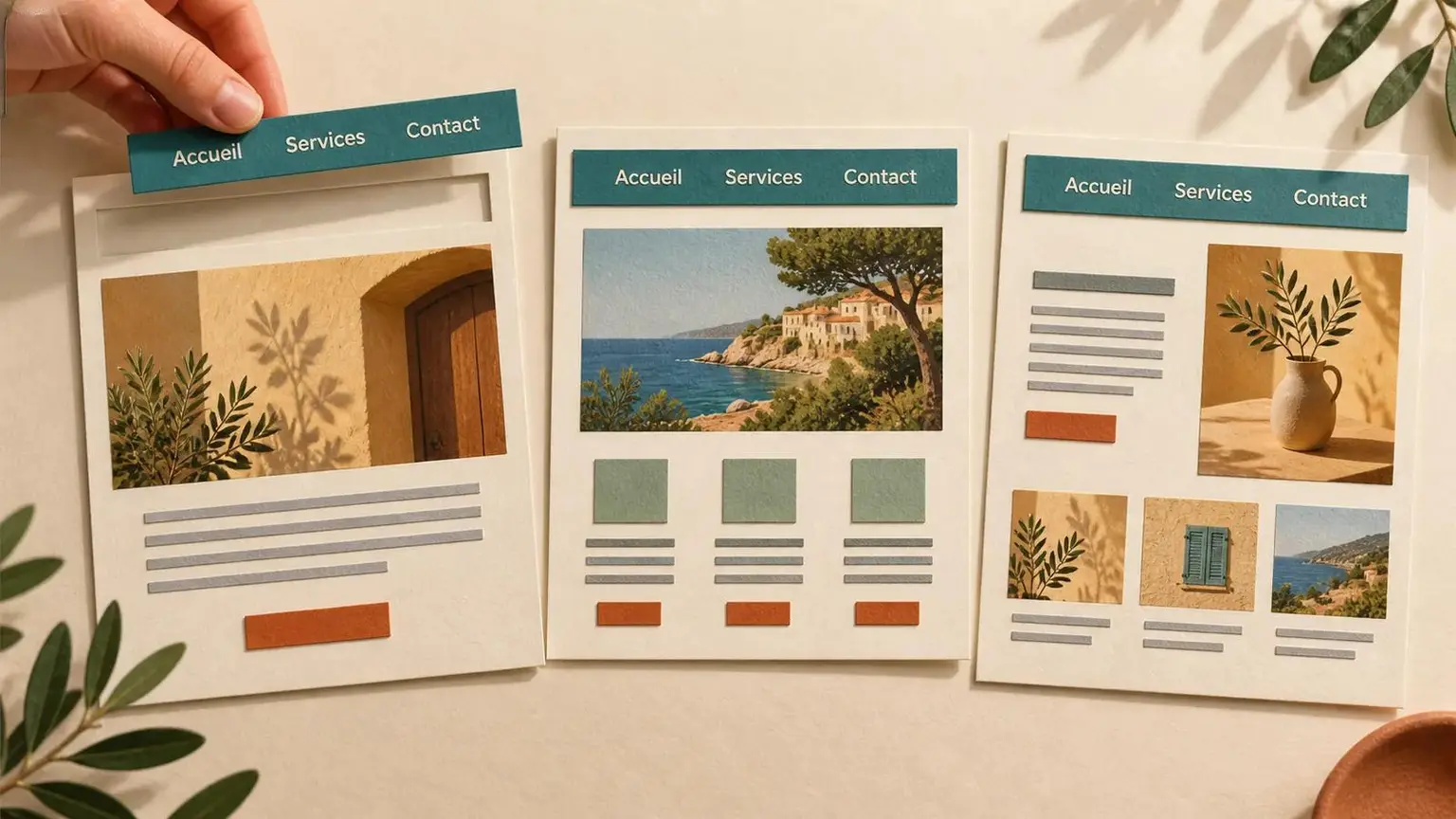 Trois pages web en papier portent le même menu, dont une bande est soulevée pour montrer qu’elle constitue un élément distinct.