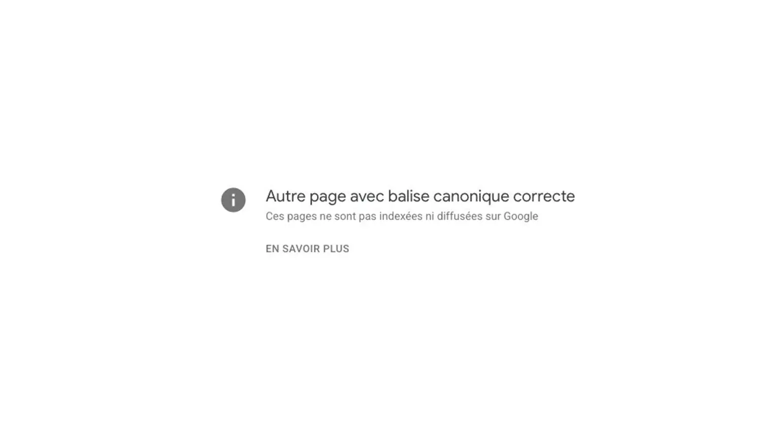 En-tête du rapport « Autre page avec balise canonique correcte » dans Search Console.