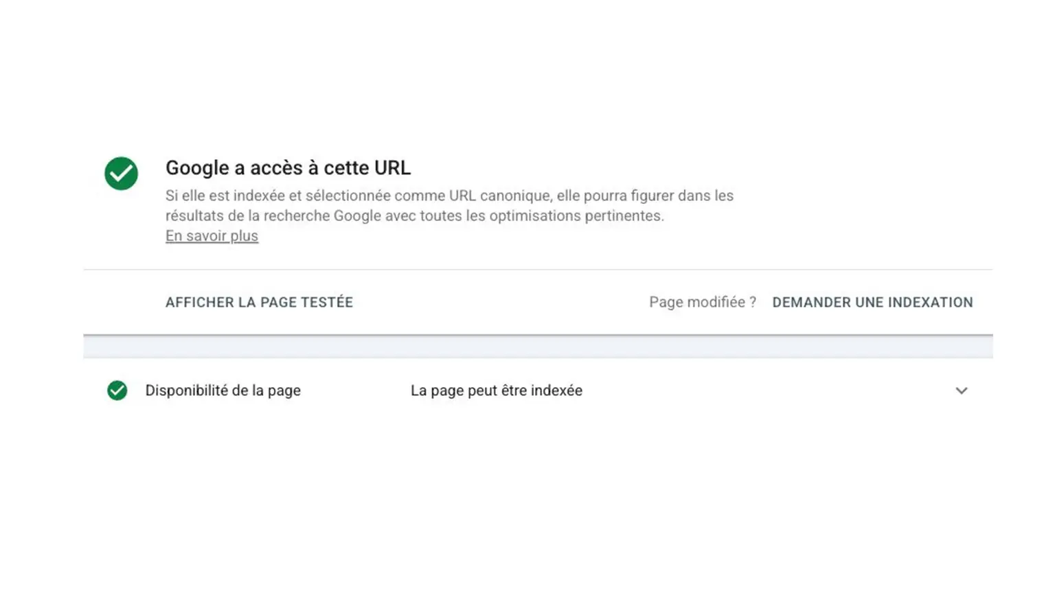 Test en direct de Search Console indiquant que Google a accès à l’URL et que la page peut être indexée.