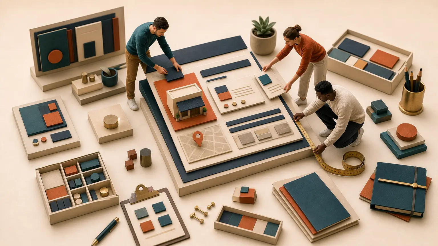 Trois personnes miniatures analysent une maquette de site, un plan local et des modules de contenu sur une table de travail.