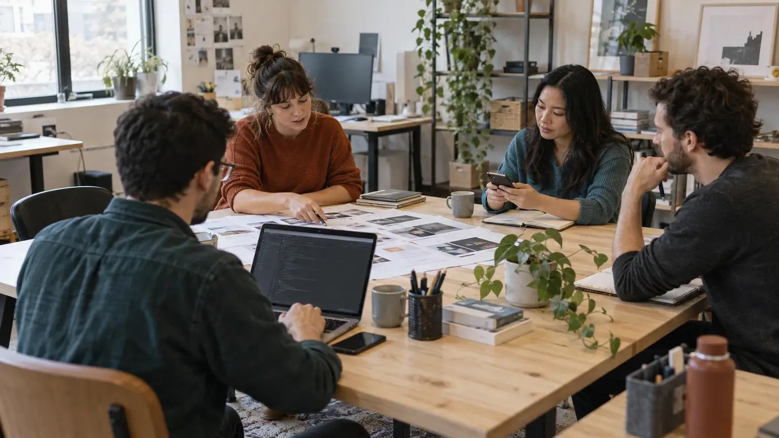 Quatre spécialistes travaillent ensemble autour de plans de pages web dans un atelier.