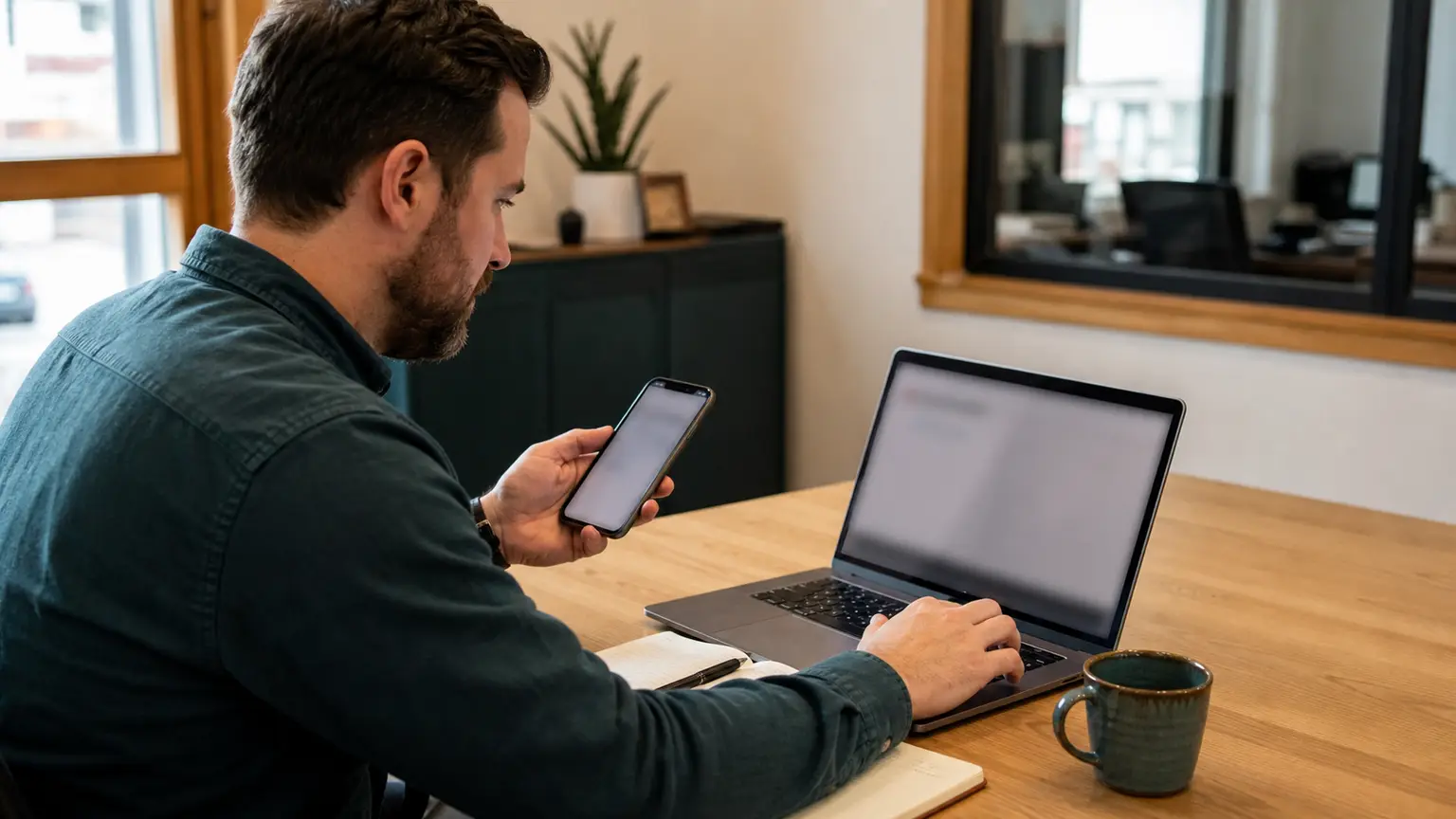 Une personne valide une connexion entre son téléphone et son ordinateur portable, assise à une table de travail.