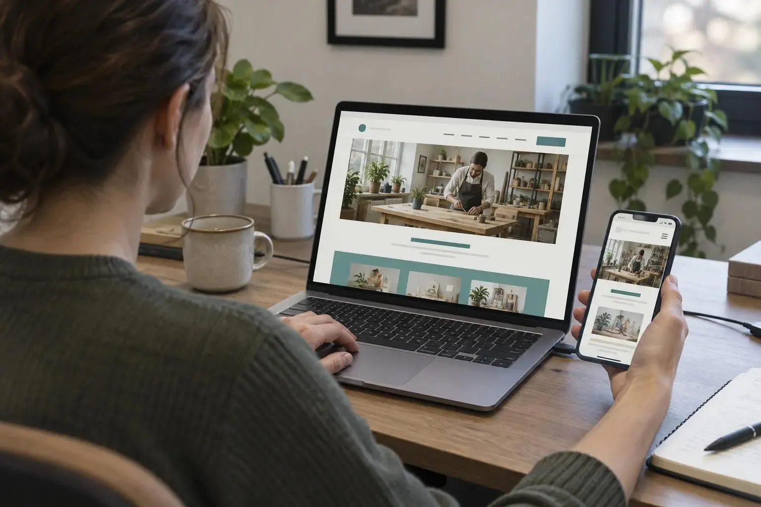 Une personne vérifie un site web sur un ordinateur et un téléphone.