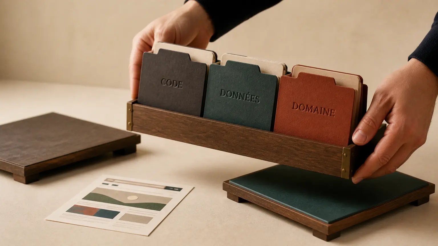 Des modules de formulaire et de données se déplacent entre deux plateformes dans une composition tactile.