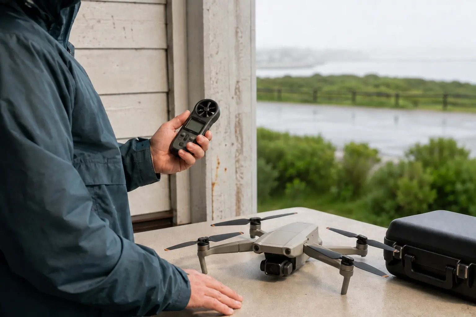 Une personne vérifie le vent avec un anémomètre avant de faire décoller un drone.