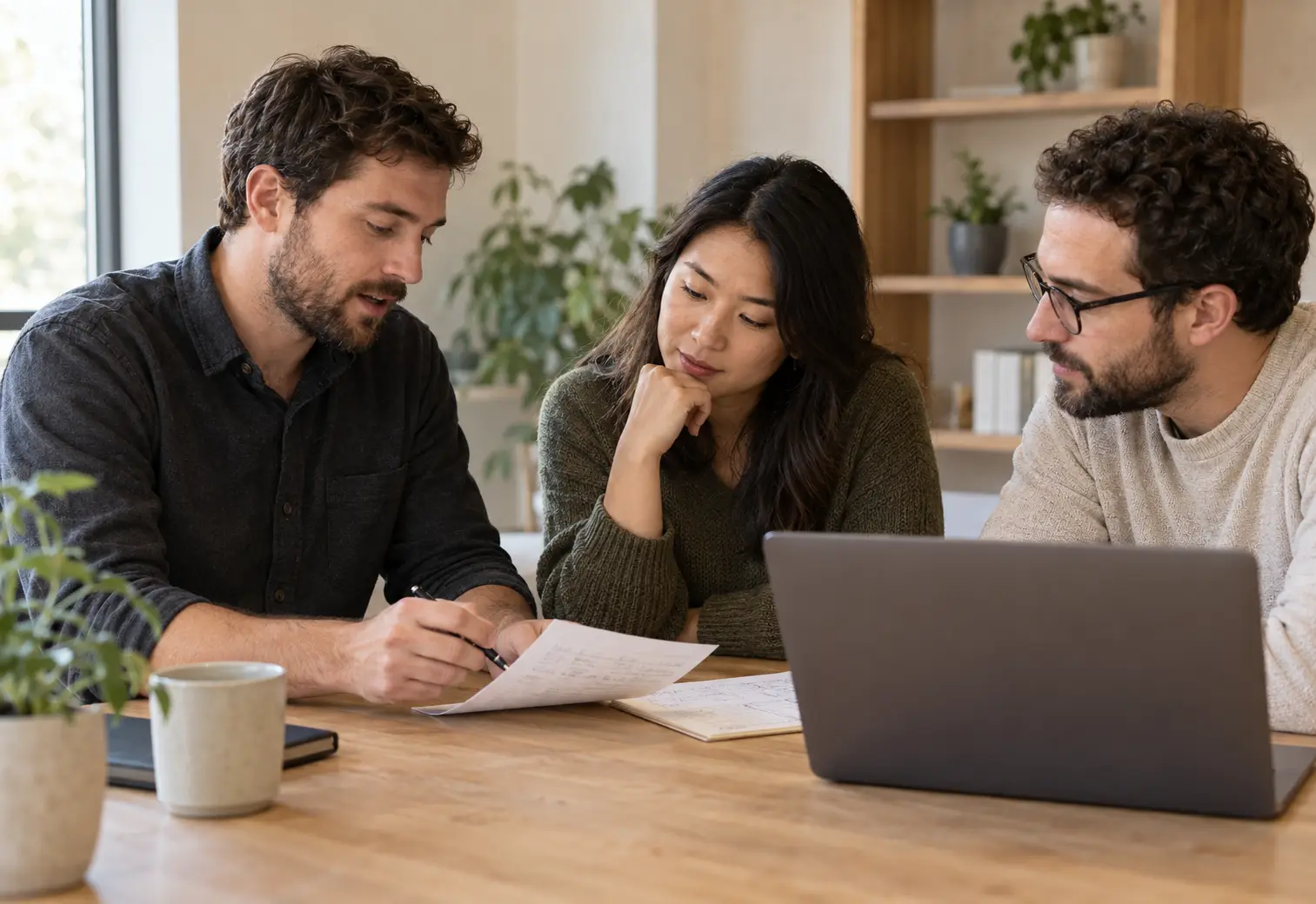 Trois personnes échangent autour d’un ordinateur portable et de notes posées sur une table.