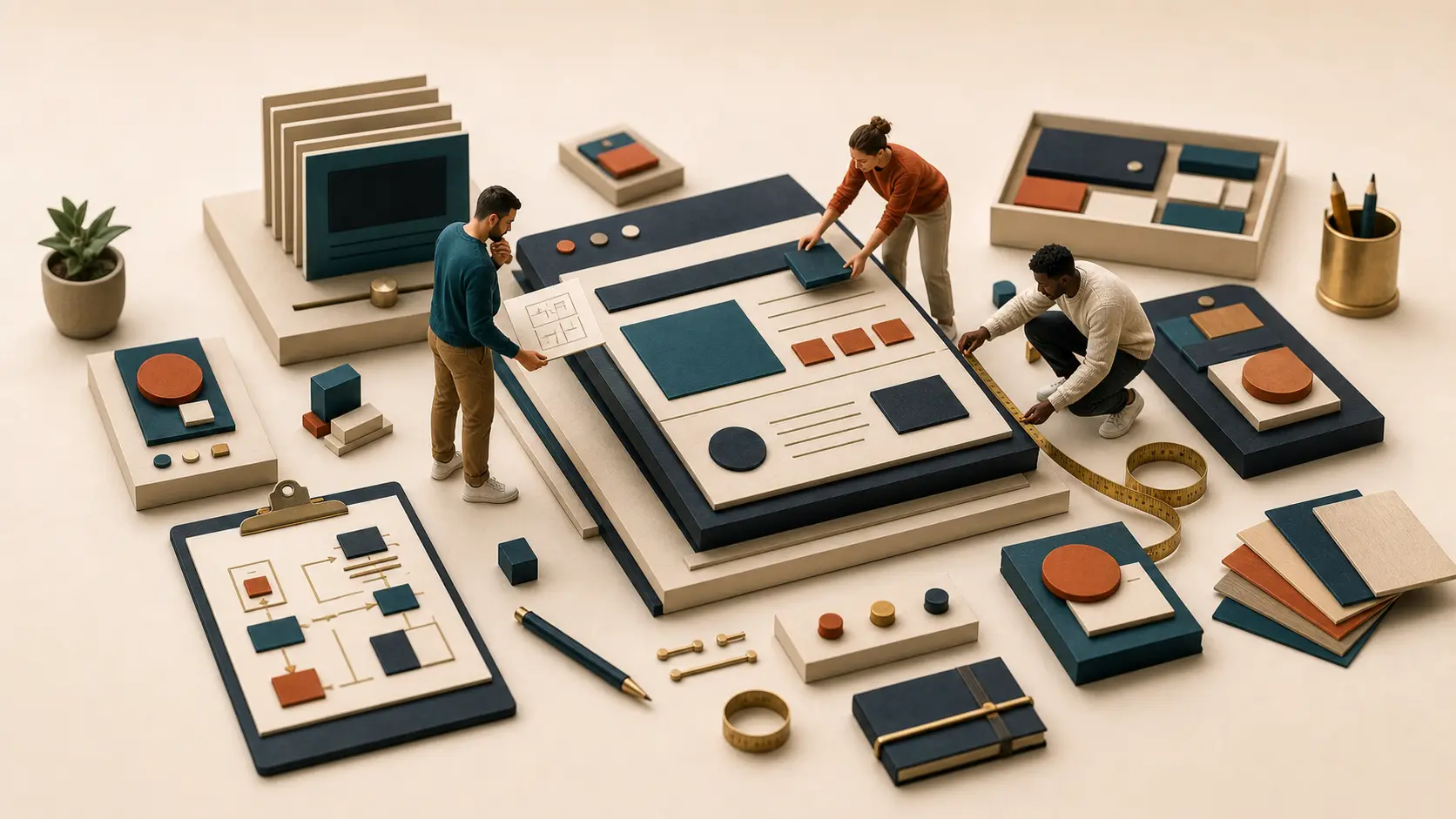 Trois personnes construisent et mesurent une maquette de site web pour en planifier la portée.