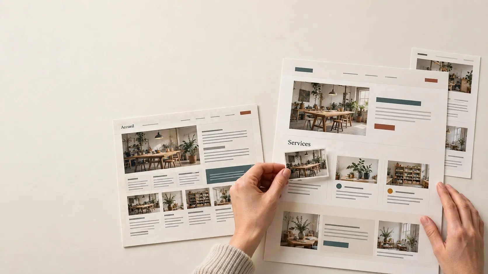 Des mains réorganisent des maquettes de pages web et déplacent un bloc de contenu.