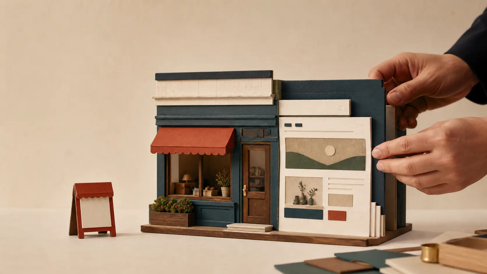 Deux mains assemblent une maquette de site web à la façade miniature d’une entreprise locale.