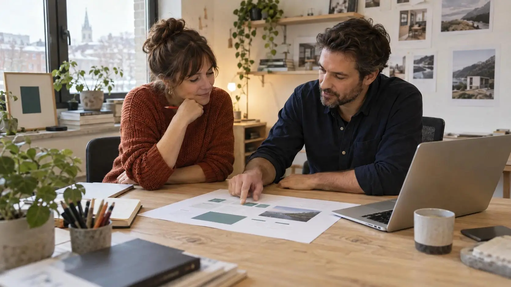Deux personnes échangent autour de premières idées de pages web, dans un atelier lumineux.