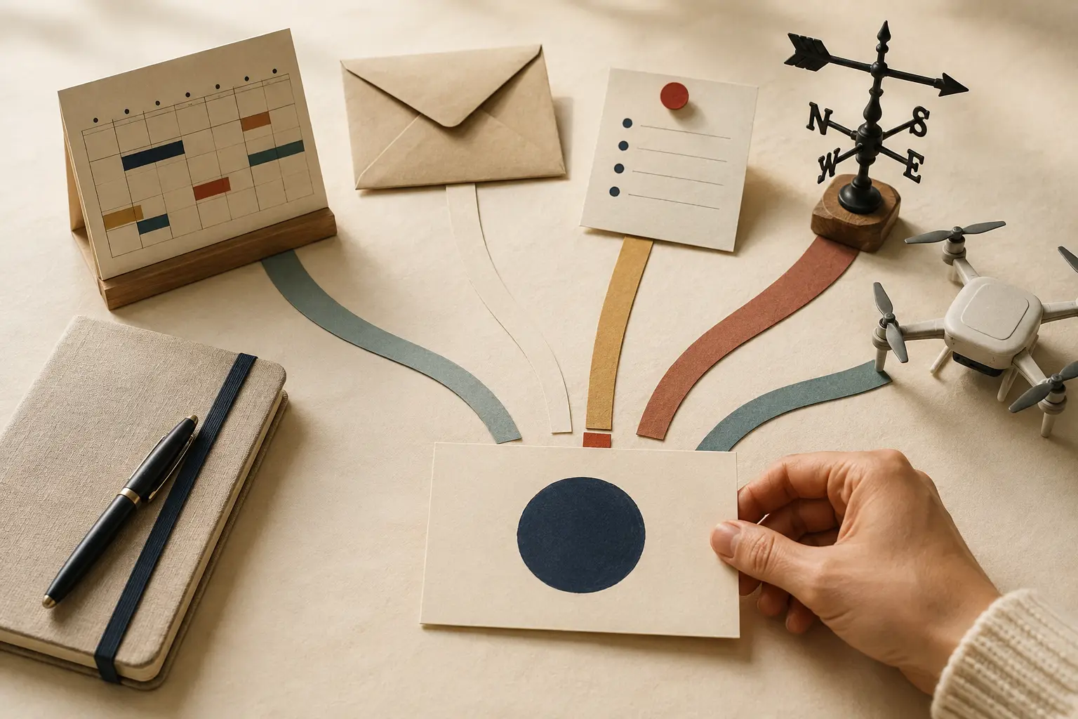 Un calendrier, une enveloppe, un carnet, une girouette et un drone convergent vers une carte de priorité.