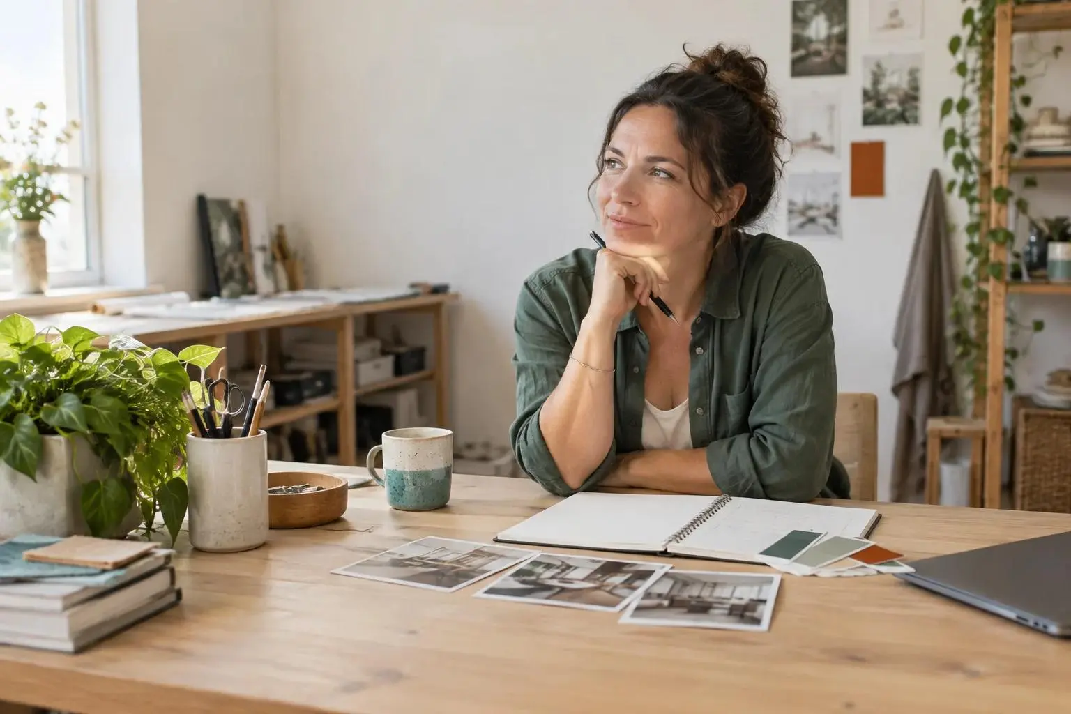 Une personne prépare un projet web avec un carnet et des éléments visuels sur sa table de travail.
