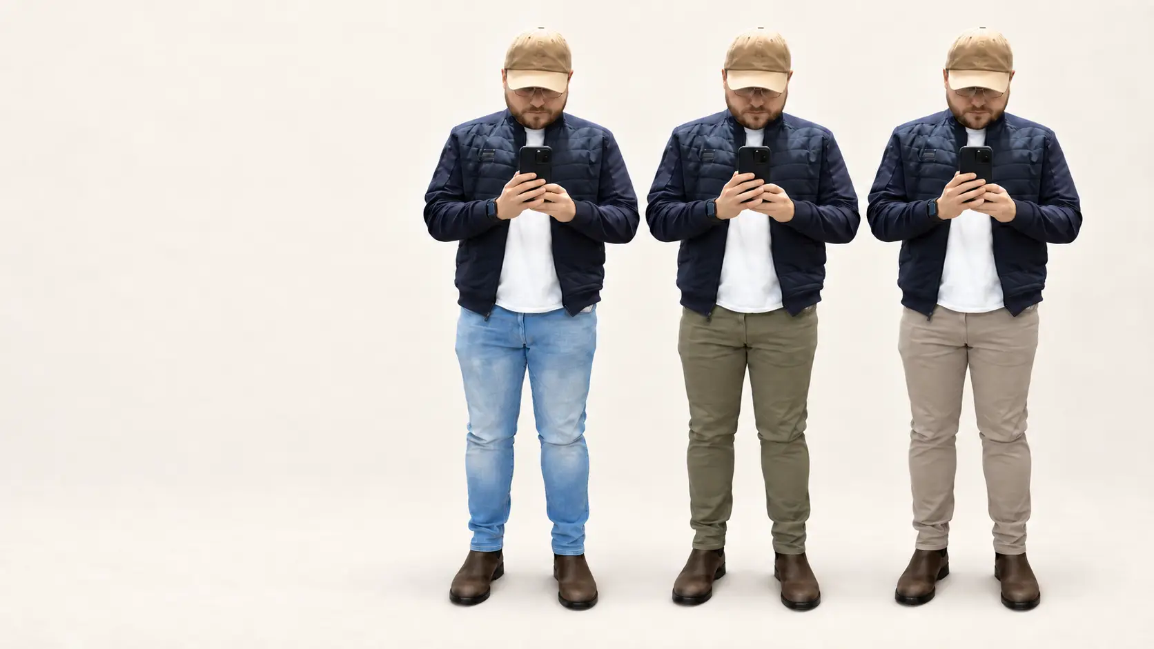 Illustration de trois versions de Charles, en jeans bleus, en chino kaki et en chino beige, regroupées à droite sur un fond crème.